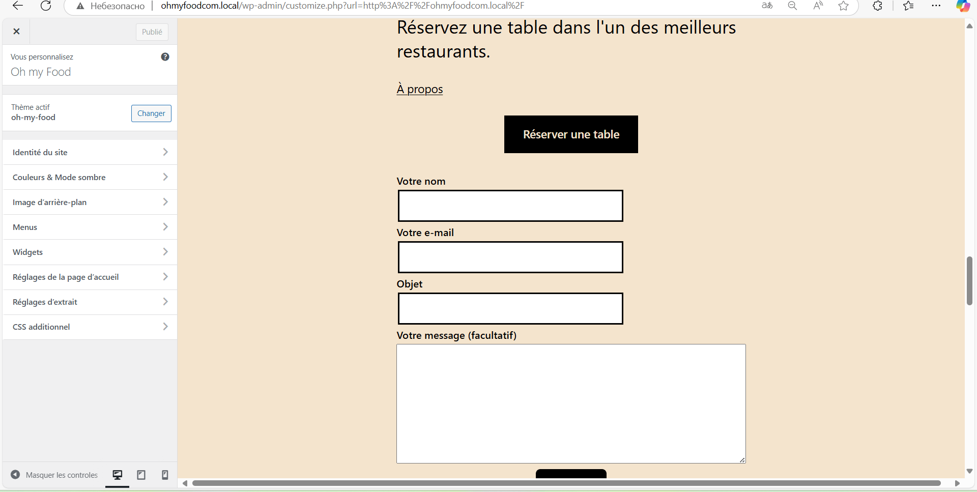 Formulaire Contact — version test dans Customizer